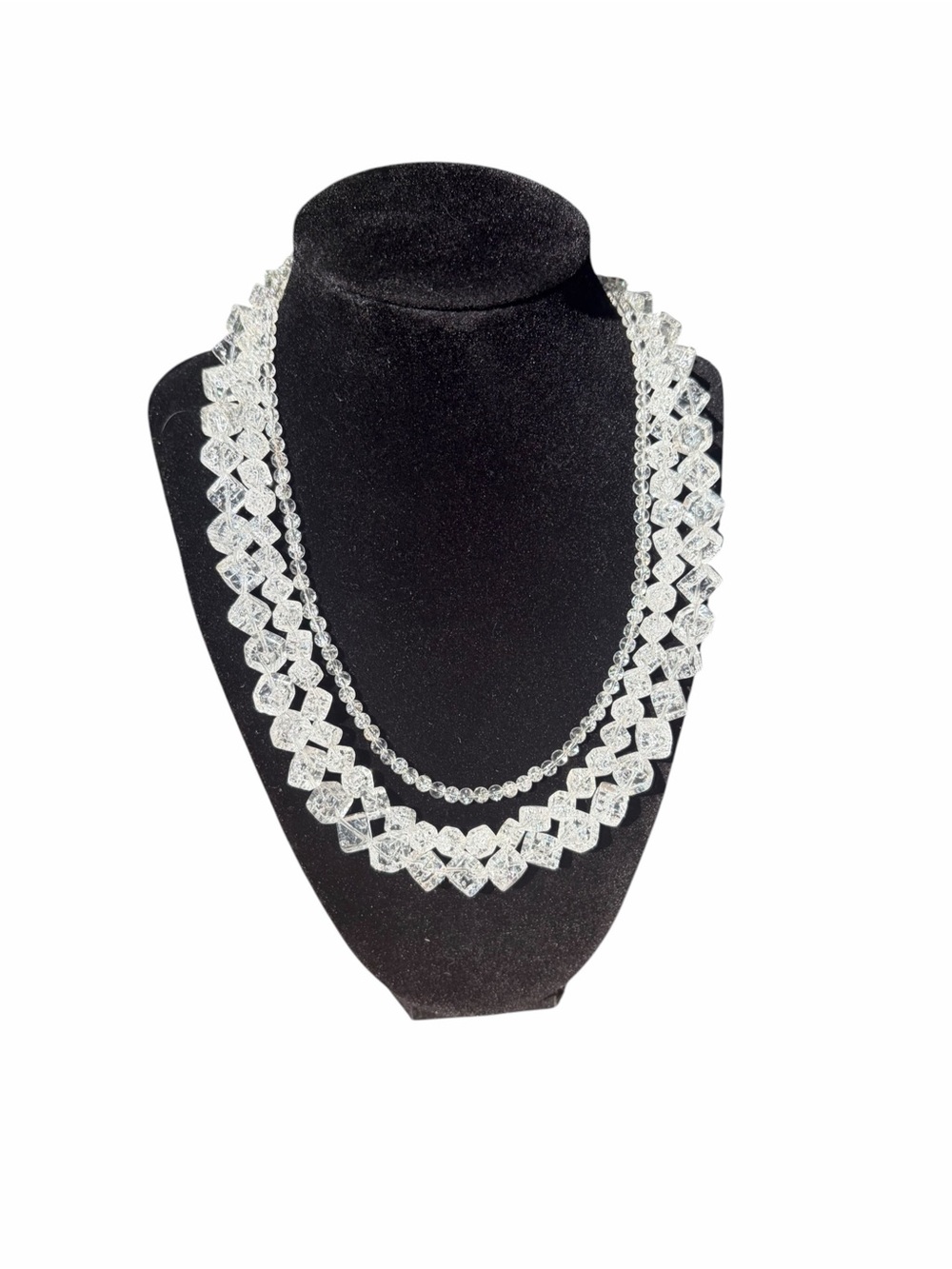 Vintage 3 Strand Clear Crackle Crystal Ice Cube Statement Necklace